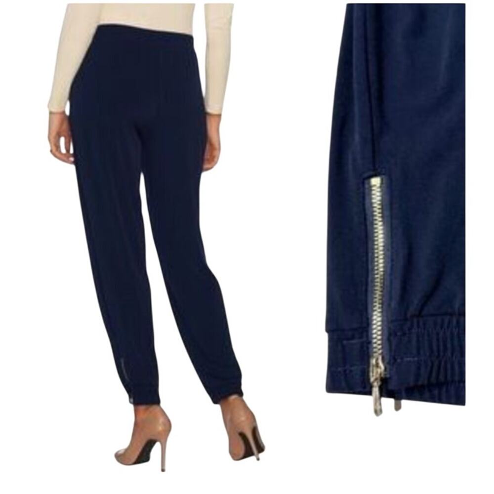 Susan Graver Liquid Knit Jogger Pants Ankle Zip NAVY Blue Womens 2XSP Petite